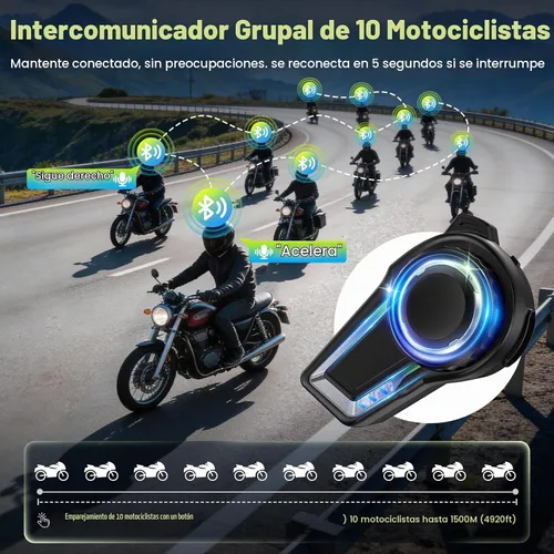 Vista 2 de Auriculares Bluetooth para casco de motocicleta, altavoces para casco de grupo de 10 jinetes