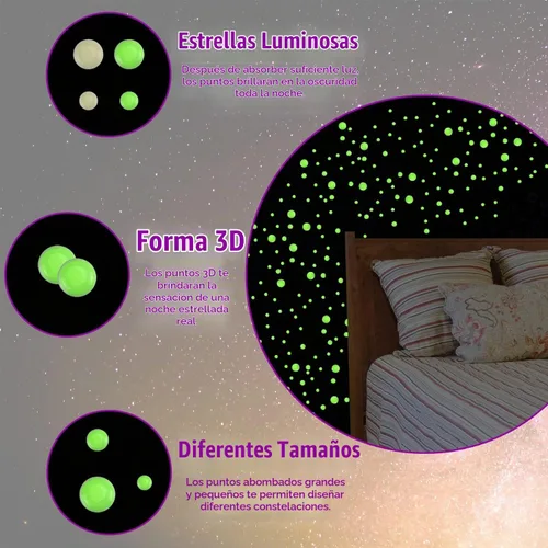 Vista 4 de 202 calcomanías de puntos abovedados que brillan en la oscuridad, calcomanías luminosas de pared para techo, diferentes tamaños, fluorescentes