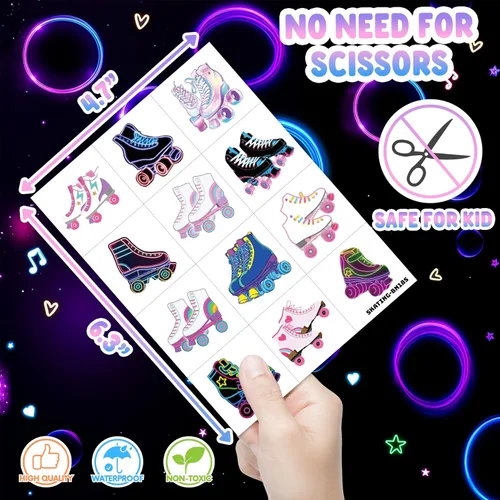 Vista 4 de 96 tatuajes temporales de patines de neón – tema de los años 80 y 90 para decoración de fiesta de cumpleaños, suministros de regalos para niños