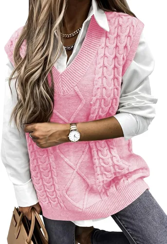 Vista 18 de EVALESS Chaleco Suéter de Gran Tamaño para Mujeres Cuello en V Sin Mangas Color Sólido Suéter Pullover Suelto 1 caqui.