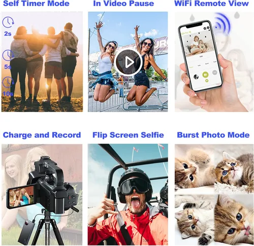 Vista 6 de Acuvar Videocámara 4K/6K – Cámara de vlogging de 64MP para YouTube, 60FPS, zoom 18X, WiFi, cámara web – Incluye micrófono, estabilizador, tarjeta