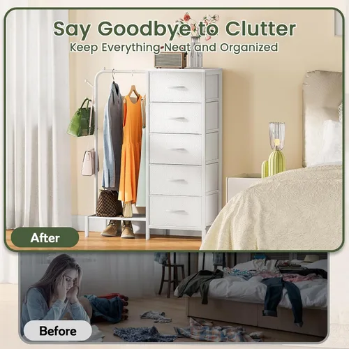 Vista 5 de Snughome Cómoda con estante para colgar, perchero para colgar ropa con 5 cajones, cómoda blanca con perchero, cómoda de almacenamiento de tela
