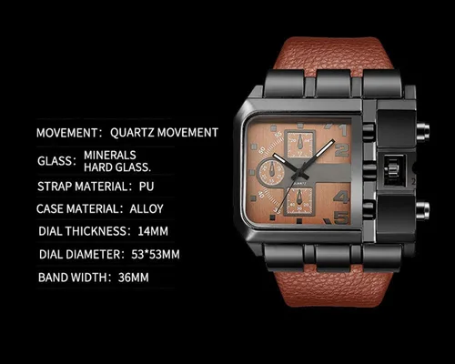 Vista 5 de Reginald Hip hop 53MM Men's Large Face Watch for Men Square Novel Face Dial Stainless Steel Quartz Leather Strap Watches
