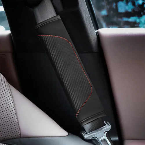 Vista 6 de AUCELI 2 fundas para cinturón de seguridad de automóvil, fundas de correa de hombro de fibra de carbono, almohadilla de arnés suave de cuero Negro