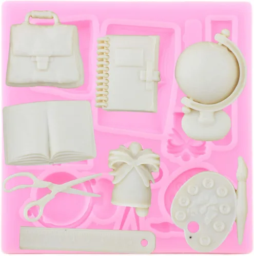Vista 6 de Mujiang Moldes de silicona para el regreso a clases, bolsa escolar, libro de tijeras, paleta de dibujo, moldes para fondant, para decoración
