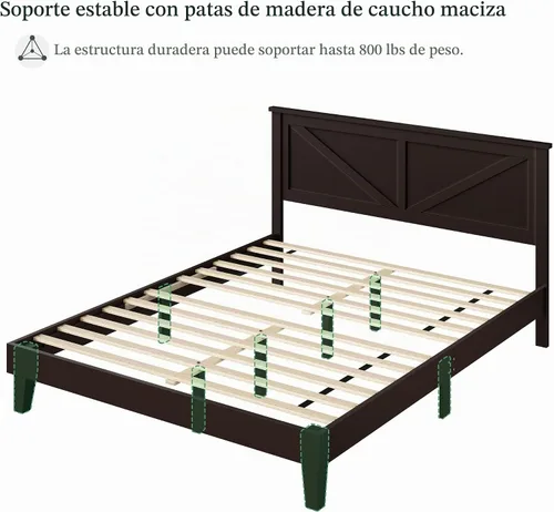 Vista 5 de Yaheetech Marco de cama de madera con plataforma de tamaño matrimonial Espresso