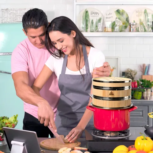 Vista 7 de Cesta para cocinar al vapor de bambú de 2 niveles Cesta para cocinar al vapor de bambú con forro reutilizable de silicona Kit de dim sum