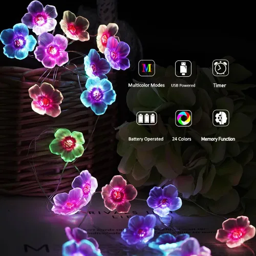 Vista 4 de OMIKA Luces de Flores Multicolor Guirnalda de Luces de Flor de Cerezo, Funciona con Pilas y USB, Luces de Hadas LED de 13 pies con 40 LED