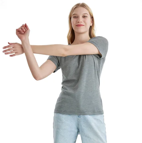 Vista 8 de Merino Protect Camisetas 100% de lana merino para mujer, cuello redondo, manga corta, resistencia al olor, capa base, viajes, senderismo, camiseta