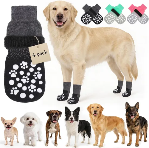 Vista 9 de BINGPET 6 calcetines para perros para evitar lamer patas con agarres para suelos de madera dura, antideslizantes, zapatos de invierno para mascotas