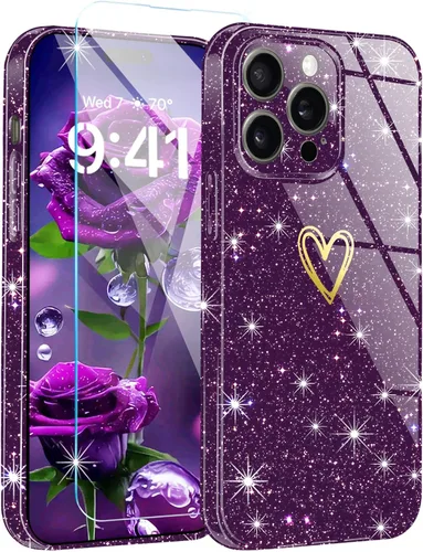 Vista 12 de Funda para iPhone 15, purpurina transparente con [1 protector de pantalla de vidrio templado] Funda protectora delgada y suave de silicona