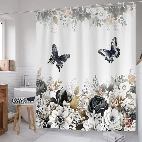 Vista 2 de Cortina de ducha floral negra y blanca, cortinas de ducha de flores y mariposas para baño, cortinas de baño de tela impermeable con hojas florales