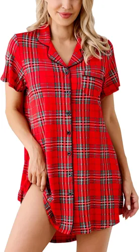 Vista 59 de Samring Camisón de pijama para mujer, manga corta/larga, con botones, camisón para dormir, camisón para novio, talla XXL