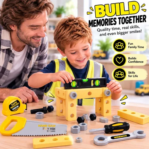 Vista 7 de Juego de herramientas para niños con estuche de transporte, taladro electrónico con brocas y chaleco de construcción – Kit de juego simulado