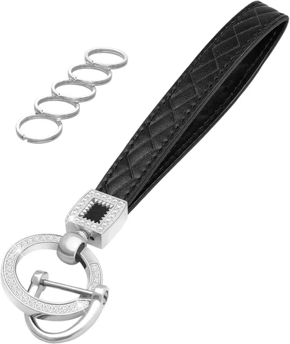 Vista 14 de Llavero de muñeca de cuero OHKYOOT, llavero de muñeca para automóvil con 5 llaveros y anillo anti-pérdida Negro