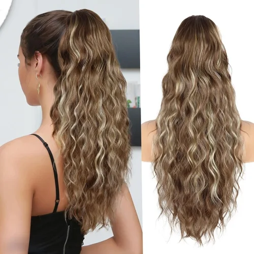 Vista 14 de Extension de cola de caballo con cordón de 26 pulgadas para mujer, extensiones de cola de caballo largas y onduladas, extensiones de cabello