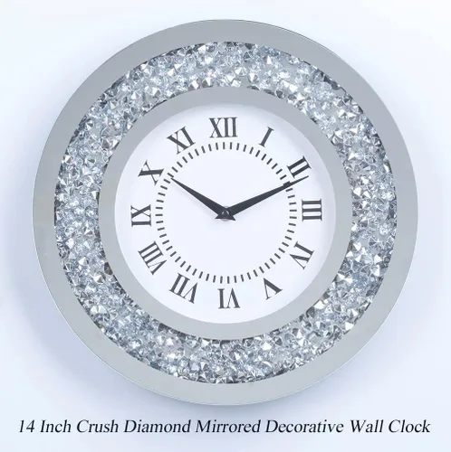 Vista 3 de Reloj de pared grande con espejo plateado brillante brillante brillante con diamantes para decoración de pared, espejo de cristal plateado
