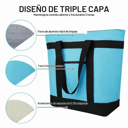 Vista 9 de Bolsa tote reutilizable aislada para compras de comestibles para mujeres/hombres, bolsa de entrega de pizza/comida para mantener los alimentos Azul