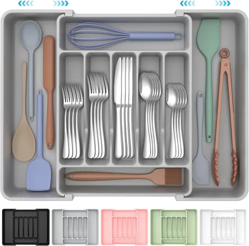 Vista 9 de ukeetap Organizador de Cubiertos Expandible Extra Grande, Organizador de Cubiertos y Vajilla Sin BPA Apto para Alimentos, Organizador de Cajón