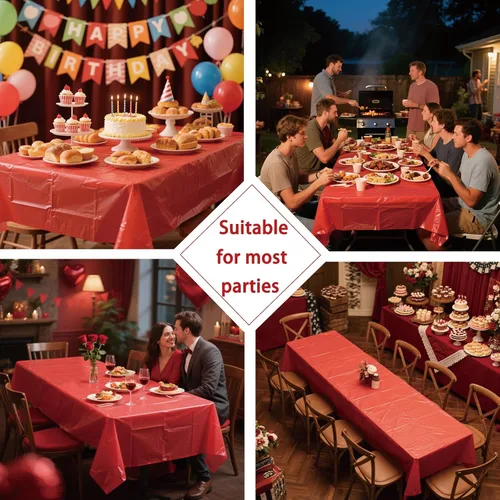 Vista 5 de Mantel desechable rojo, paquete de 2 manteles rectangulares de plástico rojo de 54 x 108 pulgadas, para fiesta de cumpleaños, boda, Navidad