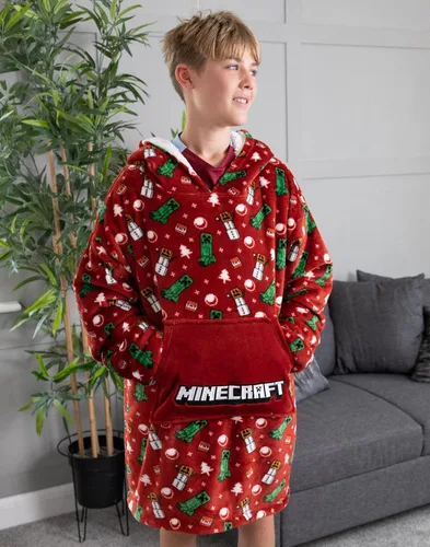Vista 2 de Minecraft Manta de Navidad Vuddie de gran tamaño con capucha para niños y niñas, forro polar rojo