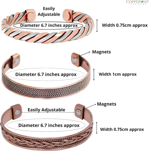 Vista 4 de Pulseras de cobre para hombres y mujeres Juego de 3 con caja de regalo Hecho a mano 100% cobre Regalo para mujeres y hombres