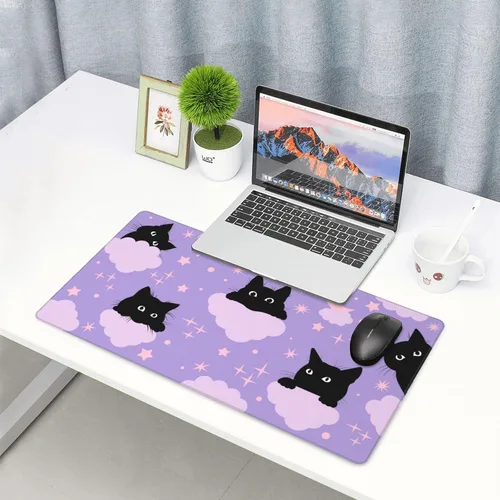Vista 7 de Alfombrilla de mouse para juegos de gatos negros, larga y extendida, XL, color morado, grande, con bordes cosidos, 29.5 x 15.8 pulgadas