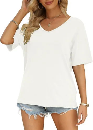 Vista 3 de MIROL Camisetas de media manga para mujer, cuello en V, de gran tamaño, holgadas, lisas, casuales, básicas
