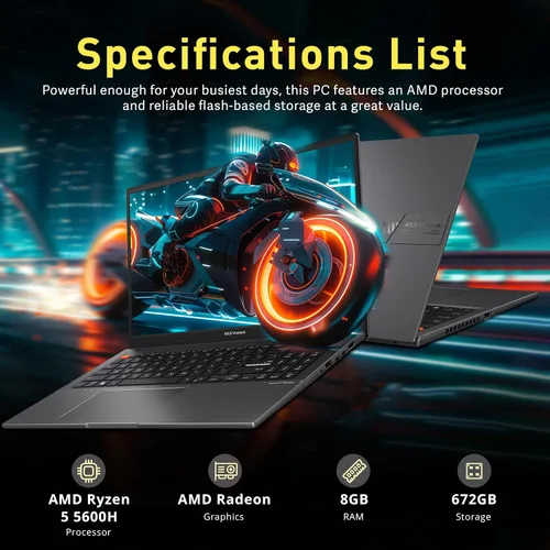Vista 3 de ASUS VivoBook S15 - Laptop FHD Slim de 15.6 pulgadas, AMD Ryzen 5 5600H, 8 GB de RAM, 672 GB de almacenamiento