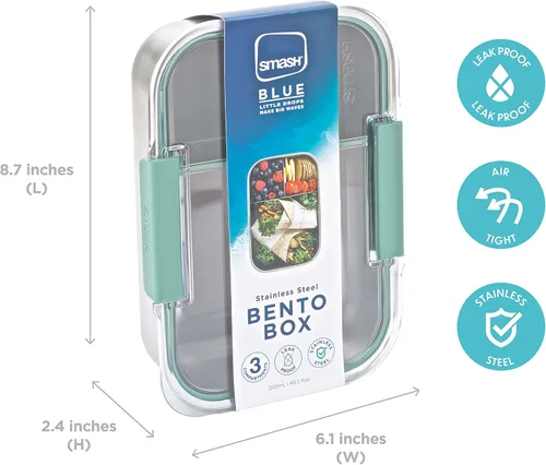 Vista 4 de Smash Lonchera Bento de acero inoxidable, 3 compartimentos, salvia