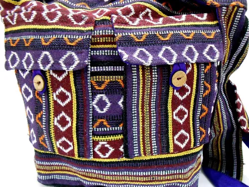 Vista 6 de Bandolera hecha a mano de algodón multicolor para mujer, estilo hippie, estilo bohemio, Malva y marrón, L, Duradero