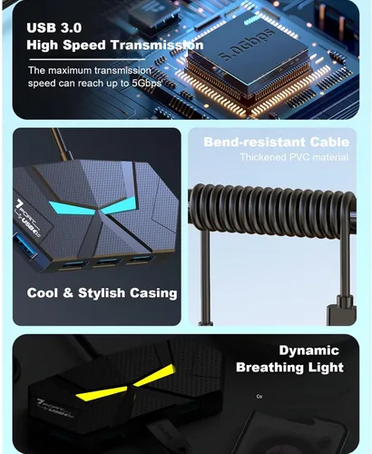 Vista 4 de Concentrador USB con 4 puertos de alimentación/datos, múltiples concentradores USB 3.0 USB 3.0, extensor divisor USB con luces, adaptador