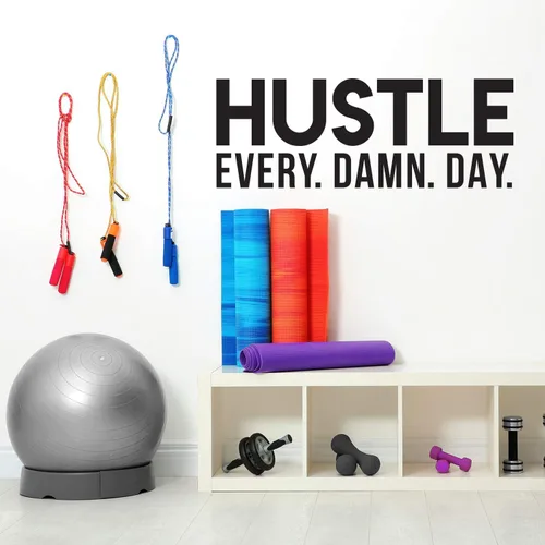 Vista 2 de Calcomanía de vinilo para pared, Hustle Every. Damn. Day, 22 x 60 pulgadas, calcomanía motivacional de moda con citas positivas para dormitorio