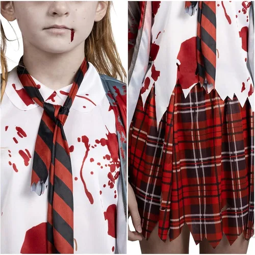 Vista 4 de Spooktacular Creations Disfraz de colegiala zombi, disfraz de zombi sangriento para niños, Halloween, escuela, fiesta de eventos
