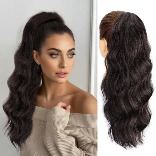 Vista 24 de FREEMEIGE Extensión de Cola de Caballo Negra con Cordón Extensión de Cola de Caballo Larga y Ondulada para Mujeres Extensión de Cabello de Cola de 1b