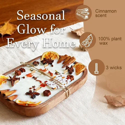Vista 2 de Vela perfumada decorada con especias de 6 mechas en cuenco de madera, vela de cera de soja de aromaterapia de 20 onzas para decoración del hogar