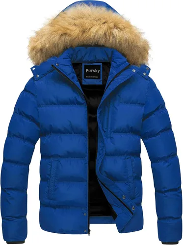 Vista 11 de Pursky Chaqueta de plumón impermeable para hombre, abrigos de invierno con capucha de piel para esquiar, parka con capucha de piel Verde militar