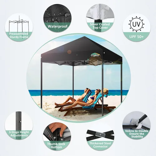 Vista 3 de COBIZI Tienda de campaña desplegable de 6.6 x 6.6 pies, toldo resistente, fácil de instalar, impermeable, para exteriores, fiestas, playa, jardín