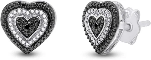 Vista 2 de Aretes con forma de corazón de diamantes naturales en blanco y negro en oro de 14 quilates sobre plata esterlina (0.02 quilates)