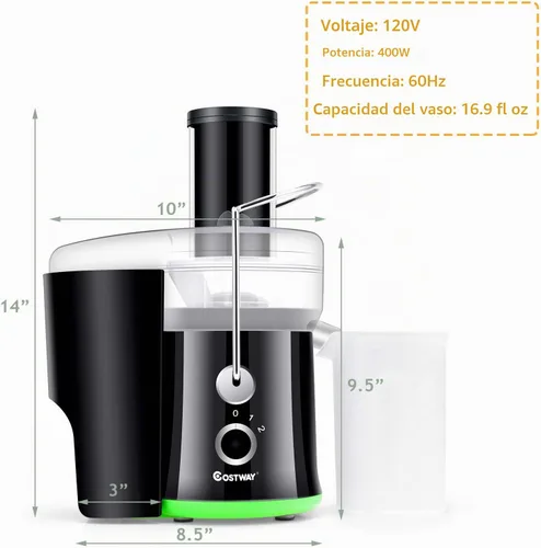 Vista 8 de COSTWAY Máquina exprimidora, exprimidor centrífugo con boca de 3 pulgadas de ancho, máquina de jugo de acero inoxidable sin BPA con control de 2