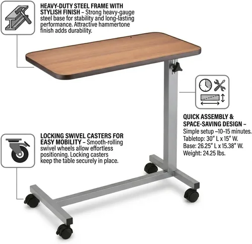 Vista 5 de NOVA Mesa para colocar sobre la cama con ruedas giratorias de bloqueo, altura ajustable, parte superior de grano de madera de nogal, base de acero