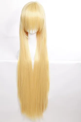 Vista 2 de S-noilite Peluca de cosplay de anime de 40 pulgadas, peluca sintética rubia rizada con flequillo y gorra, rubio dorado