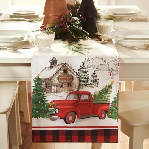 Vista 2 de Elrene Home Fashions Camino de mesa vintage de granja de árboles de Navidad, 13"x70", multicolor