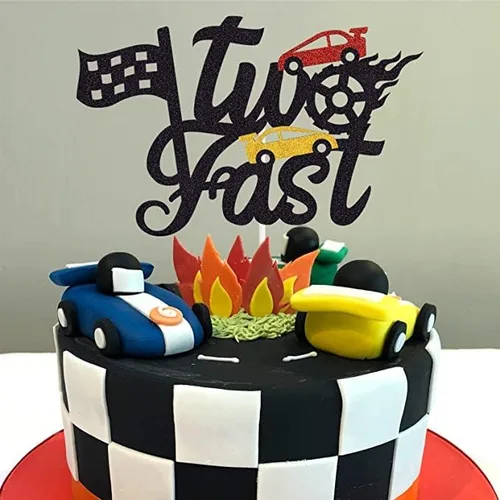 Vista 7 de Marwey Decoración para pastel de autos, decoración de dos cumpleaños rápidos, decoración de pastel de segundo cumpleaños con temática de automóvil