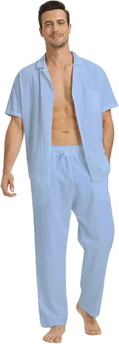 Vista 2 de RPOVIG Conjunto de camisa de lino y pantalones conjuntos de lino de 2 piezas para hombre, camisas de manga corta, pantalones de yoga, trajes