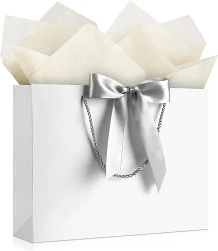 Vista 48 de JMANNI 12 bolsas de regalo de papel de boda con asa, bolsas medianas de regalo de agradecimiento de 13 pulgadas con lazo de cinta, regalos