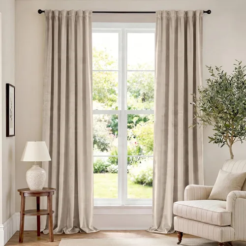 Vista 112 de Lazzzy Cortinas opacas de terciopelo beige de 84 pulgadas de largo con aislamiento térmico para oscurecer la habitación, cortinas forradas de lujo