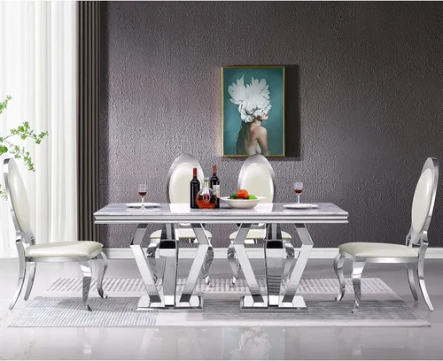 Vista 8 de ACEDÉCOR Juego de 4 mesas de comedor, mesa rectangular con parte superior textil, base geométrica de metal y 4 sillas de comedor de piel sintética