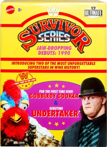 Vista 2 de Mattel WWE - Juego de 2 figuras de acción, Ultimate Edition Survivor Series 1990 Undertaker & Gobbledy Gooker coleccionables con accesorios