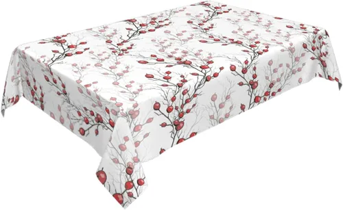 Vista 2 de Mantel rectangular decorativo con bayas rojas de acebo sin hojas, para comedor, barbacoa, picnic, mesa auxiliar, 52 x 70 pulgadas
